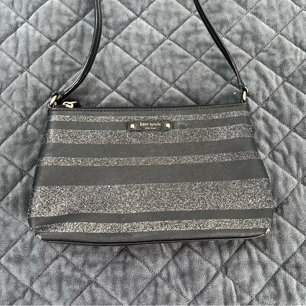 Kate Spade Crossbody Purse Bag Black Shimmery Sparkle Stripe Small Rectangle